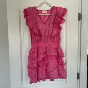 LOVESHACKFANCY Corelli Polka Dot Ruffle Mini Dress Pink S